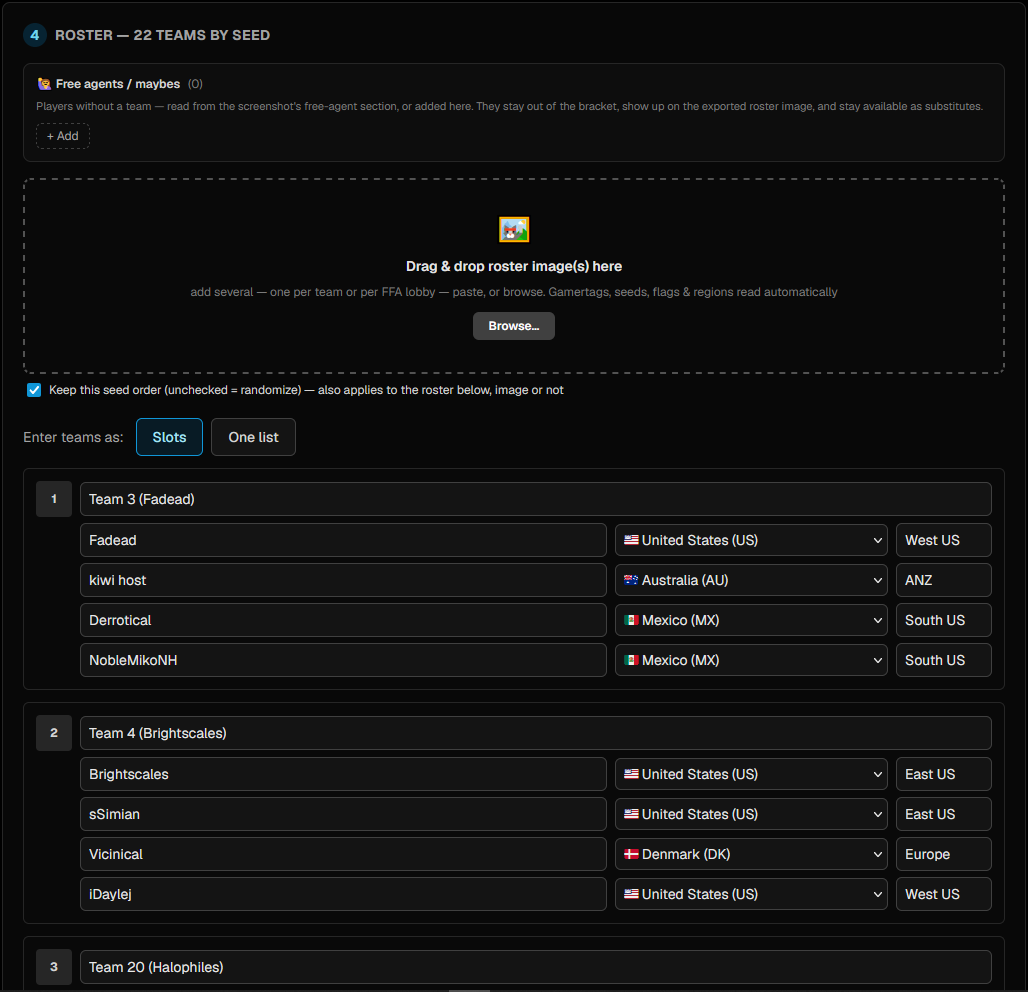 Step 4: the slots view with team boxes and player rows